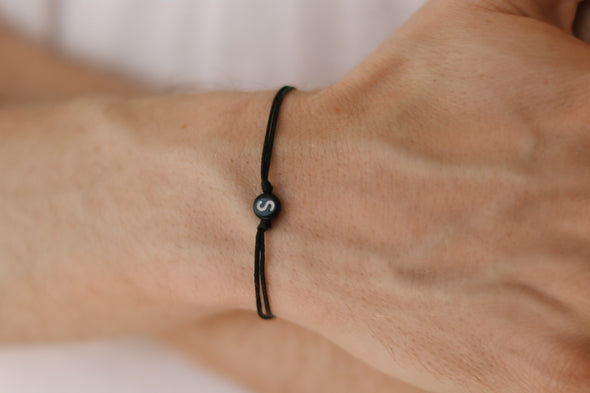 Initial bracelet, customise men's bracelet, black round bead, English letter black cord, Personalised monogram bracelet for men gift for him