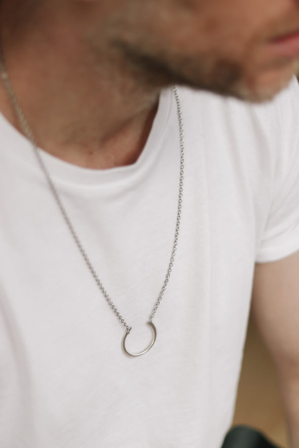 Circle necklace for men, men's necklace, silver open half circle pendant, chain