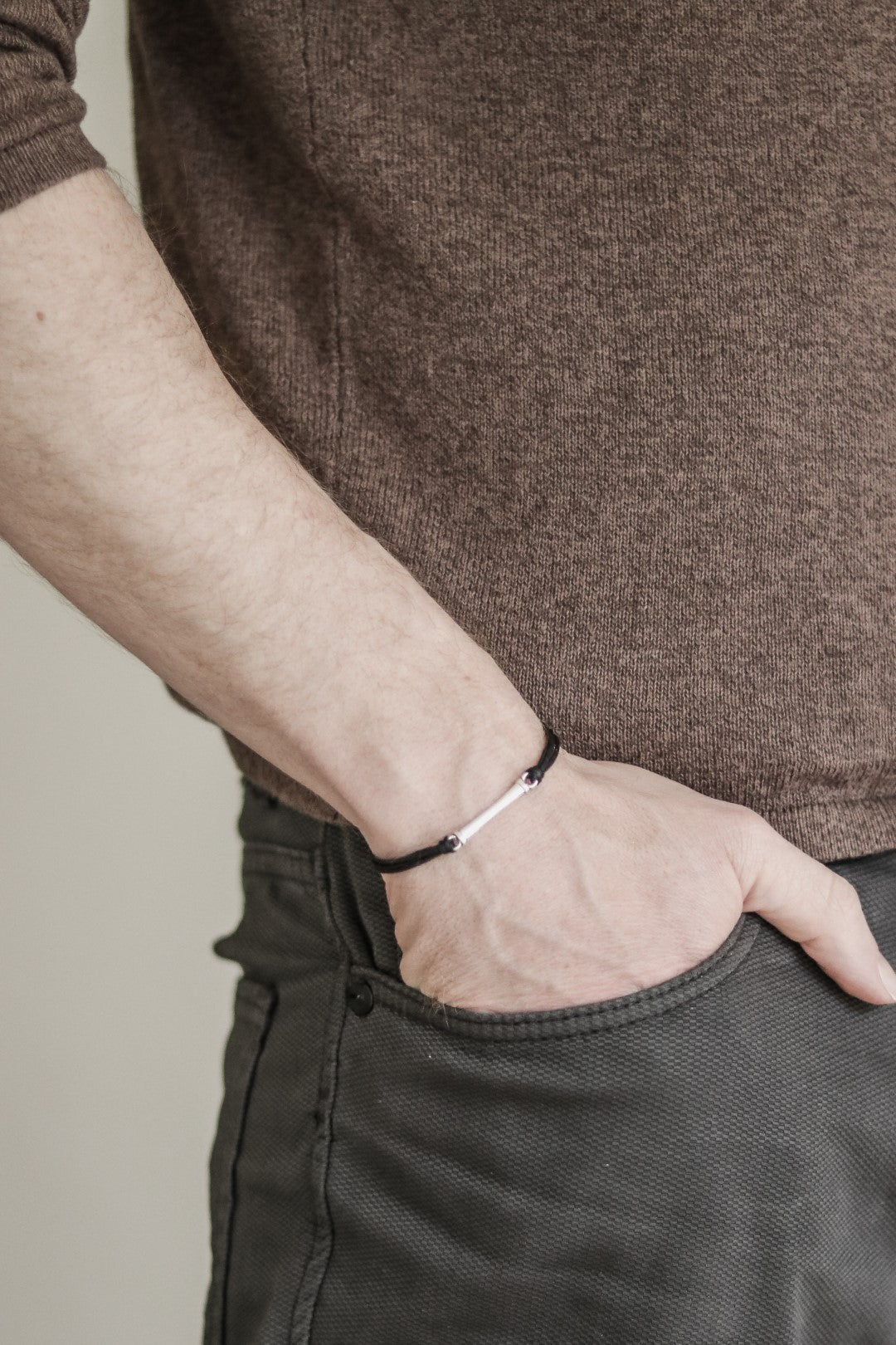 Black cord bracelet for men with long silver bar - shani-adi-jewerly