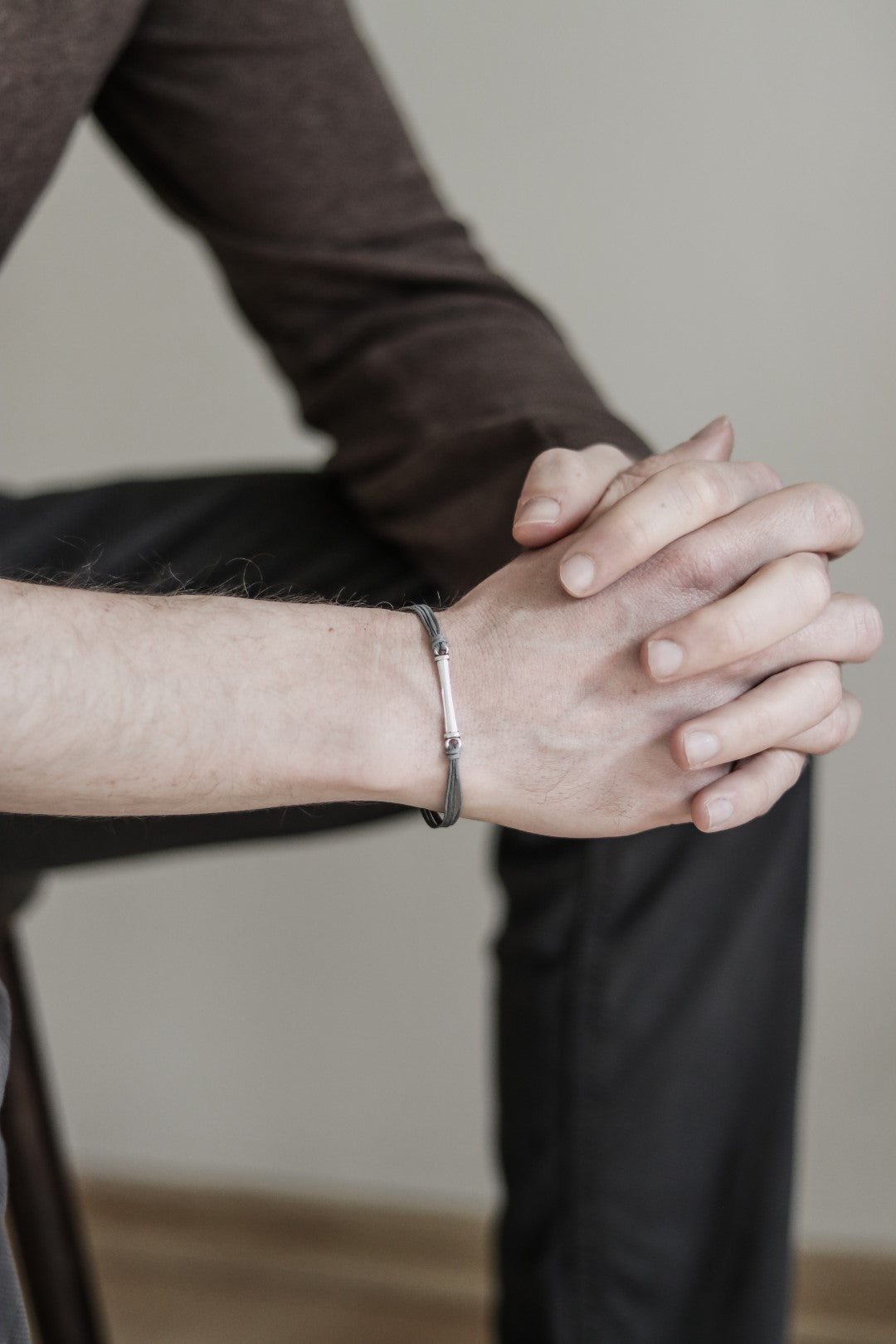 Gray cord bracelet for men with long silver bar - shani-adi-jewerly
