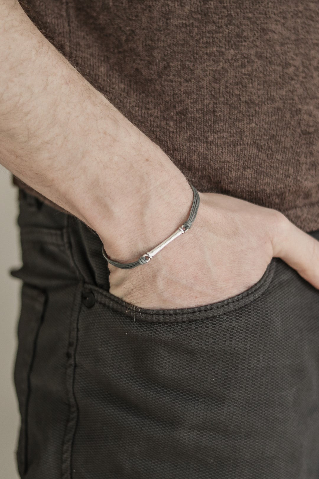 Gray cord bracelet for men with long silver bar - shani-adi-jewerly