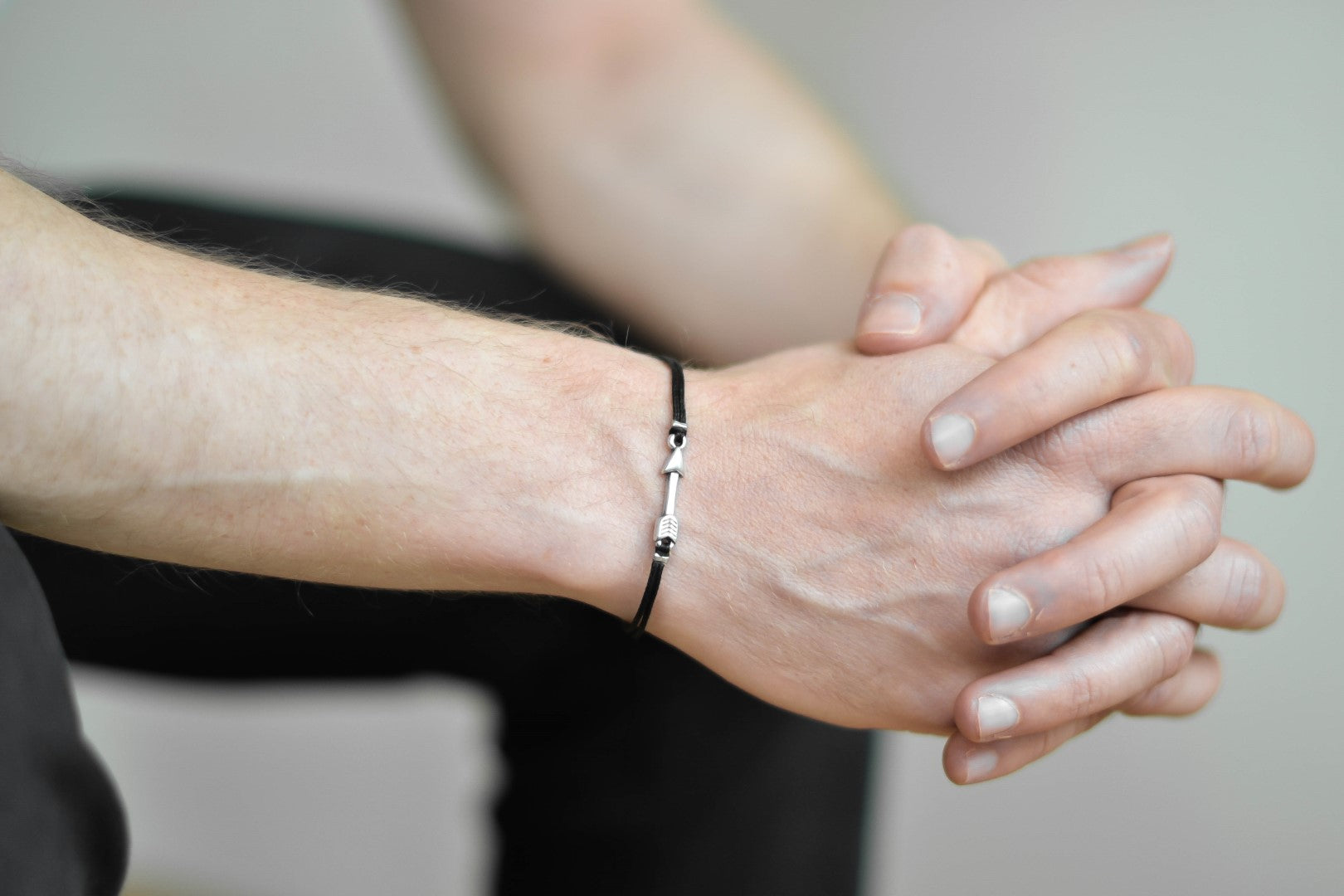 Silver arrow bracelet for men, black cords - shani-adi-jewerly