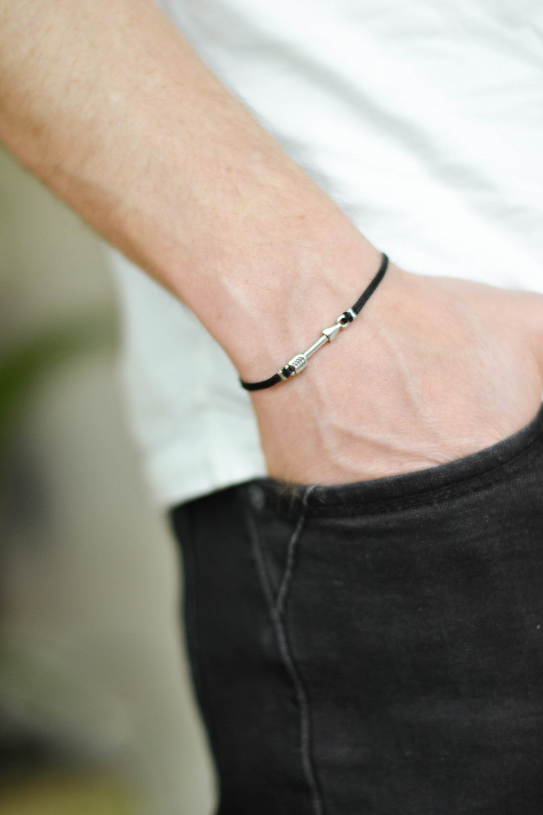 Silver arrow bracelet for men, black cords - shani-adi-jewerly