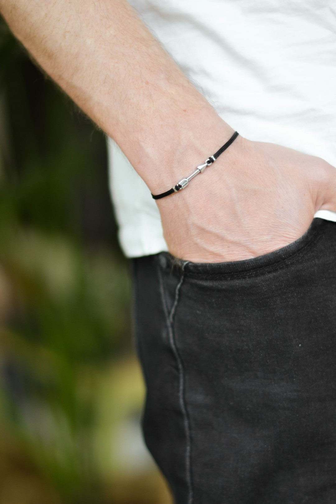 Silver arrow bracelet for men, black cords - shani-adi-jewerly