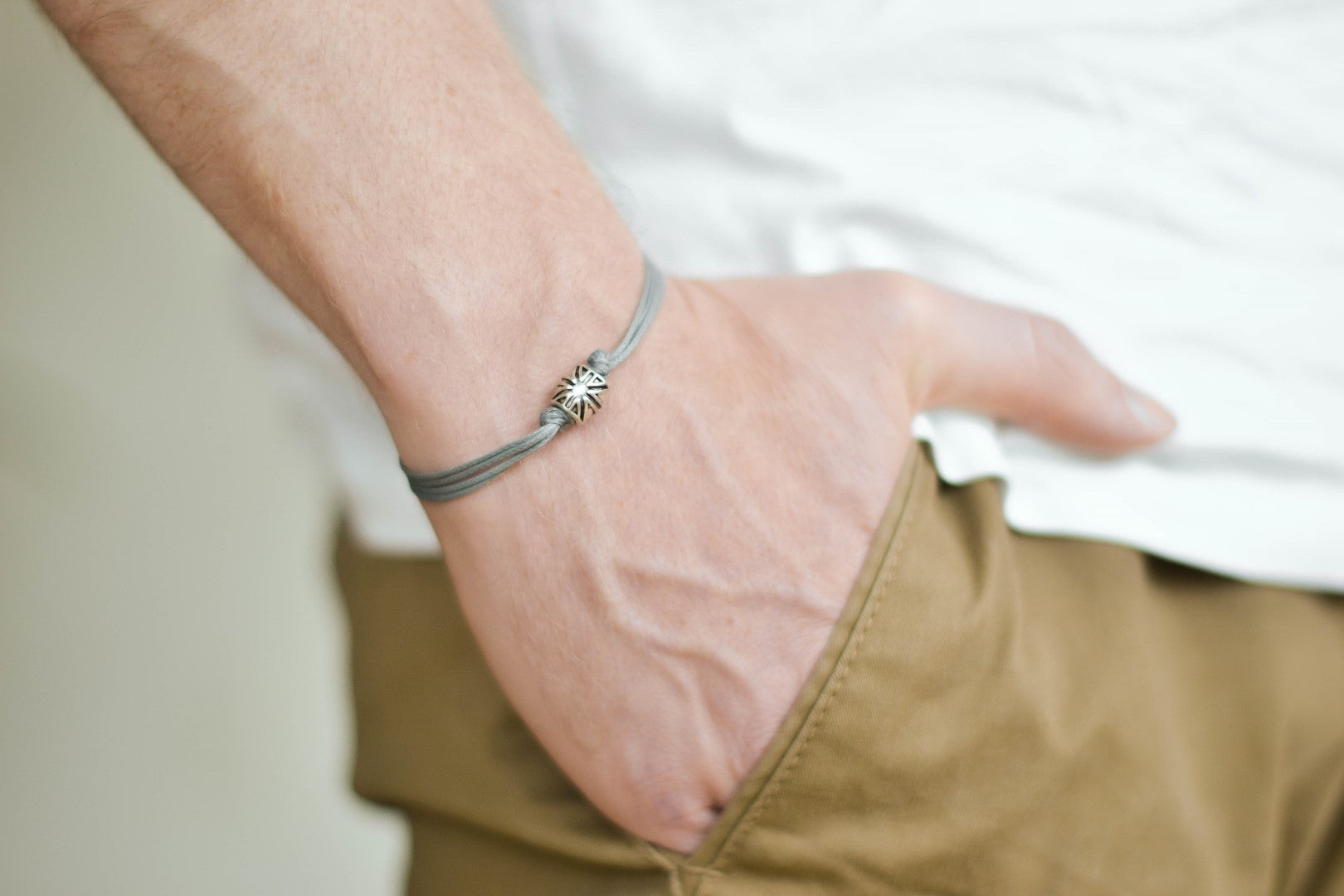 Silver UK bracelet for men, gray cord - shani-adi-jewerly