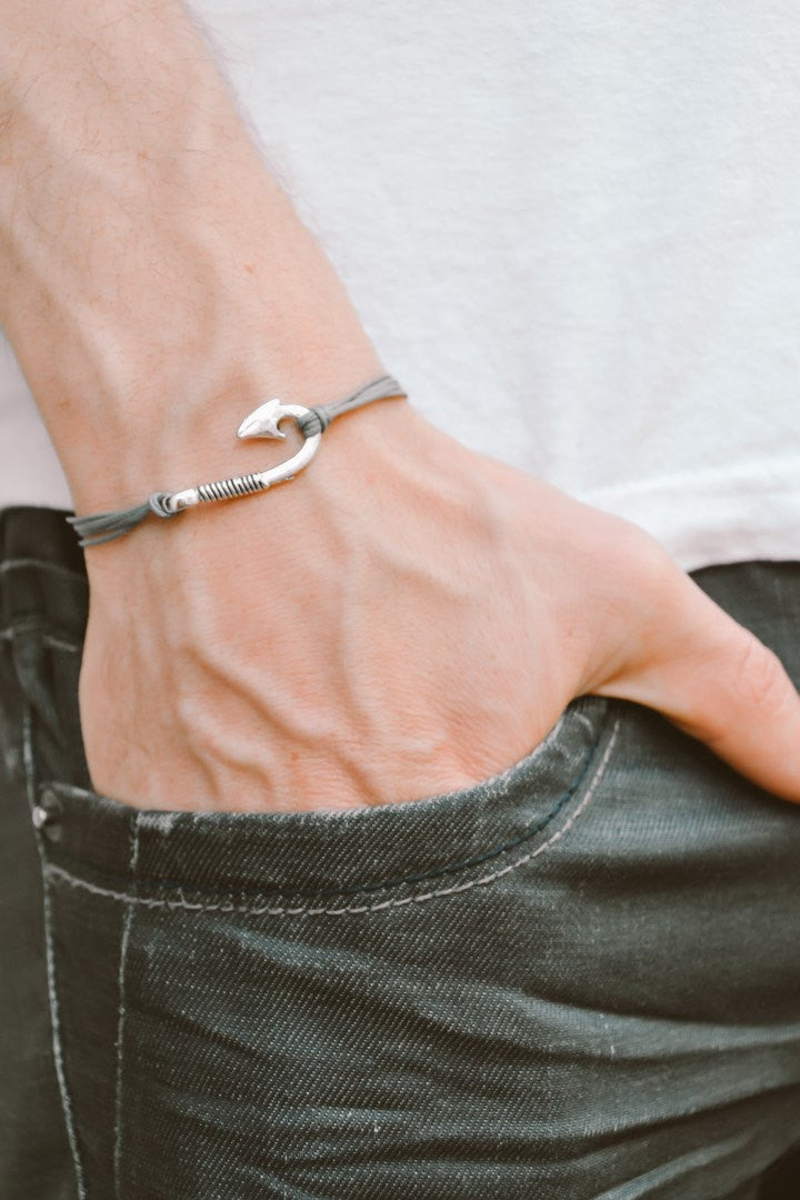Gray cord bracelet for men with silver hook charm - shani-adi-jewerly