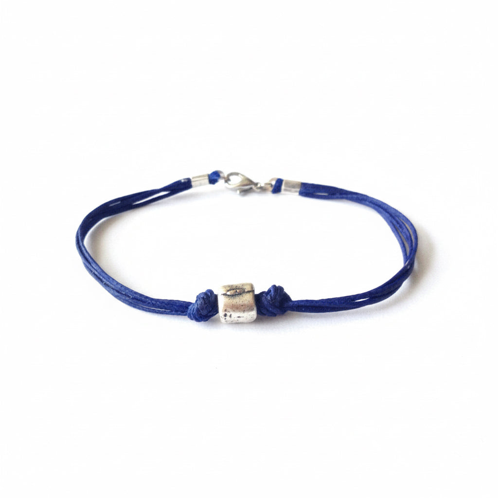 Silver tube bracelet for men with blue cord - shani-adi-jewerly