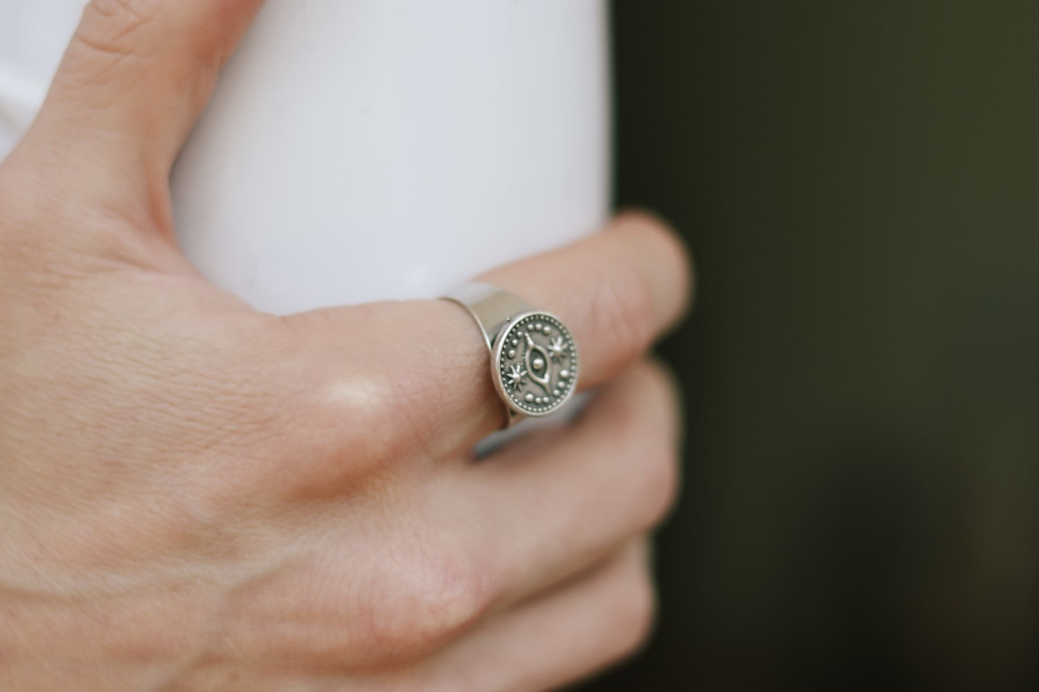 silver evil eye coin ring for men - shani and Adi Jewelry