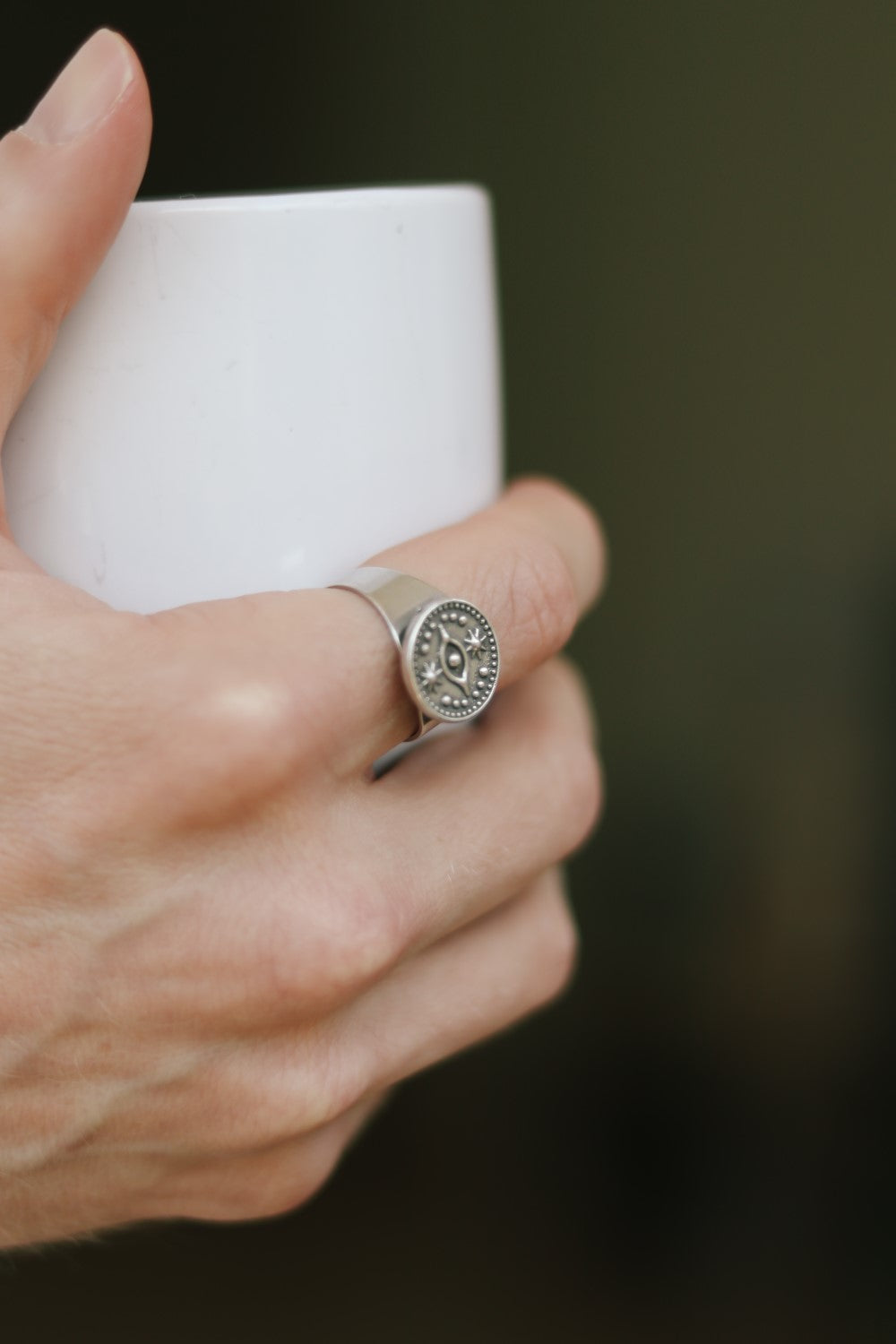 silver evil eye coin ring for men - shani and Adi Jewelry