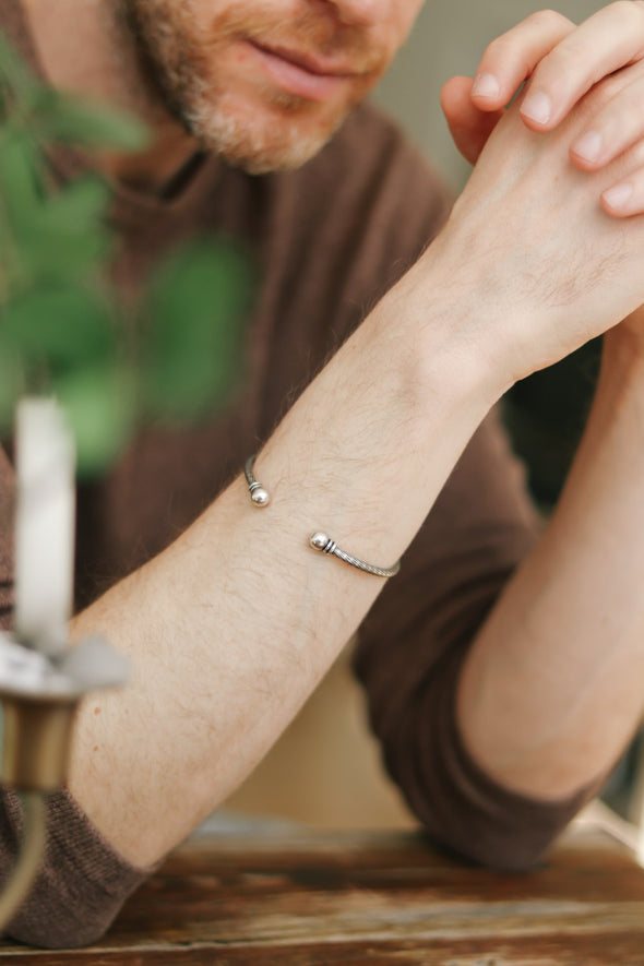 Men's bracelet, silver open cuff bracelet for men, balls edges tips, adjustable bangle, rustic stacking bracelet, gift for him, mens jewelry