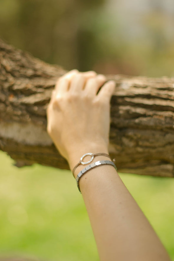 Silver Karma bracelet brown cord adjustable - shani-adi-jewerly