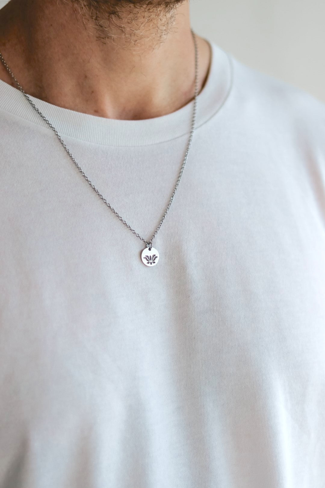 Silver Lotus necklace for men, stainless steel chain necklace, waterproof - shani-adi-jewerly