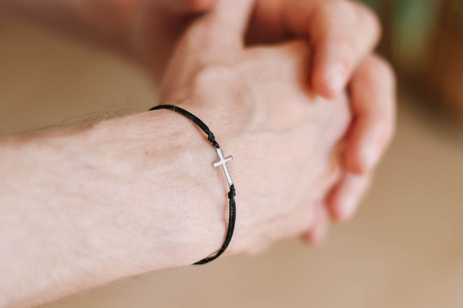 handmade silver cross bracelet for men, black cord - shani and adi jewelry