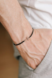 handmade silver cross bracelet for men, black cord - shani and adi jewelry