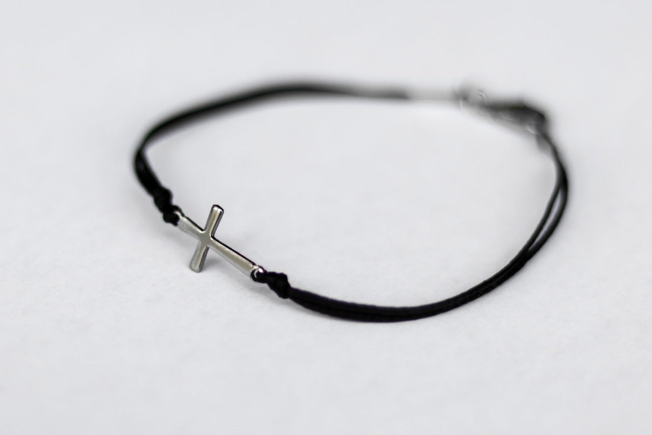 handmade silver cross bracelet for men, black cord - shani and adi jewelry