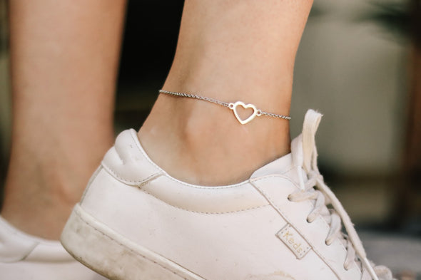 Heart anklet, waterproof silver chain ankle bracelet, custom length, festival jewelry