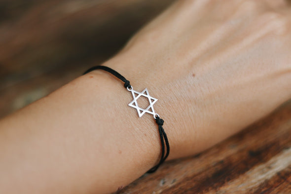 handmade silver Star of David bracelet for women, black cord - shani and adi jewelry