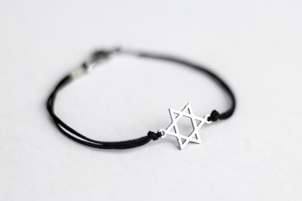 silver Star of David bracelet for men black cord - shani and Adi Jewelry