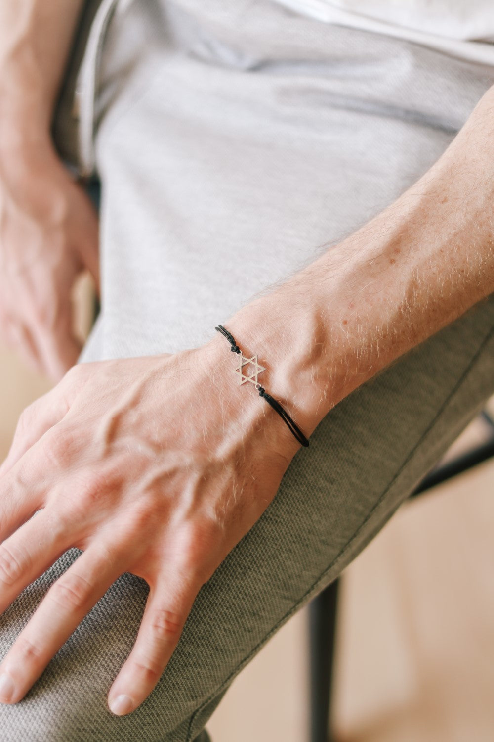 silver Star of David bracelet for men black cord - shani and Adi Jewelry