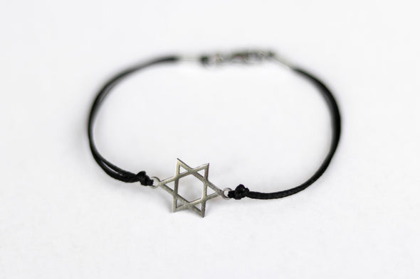 silver Star of David bracelet for men black cord - shani and Adi Jewelry