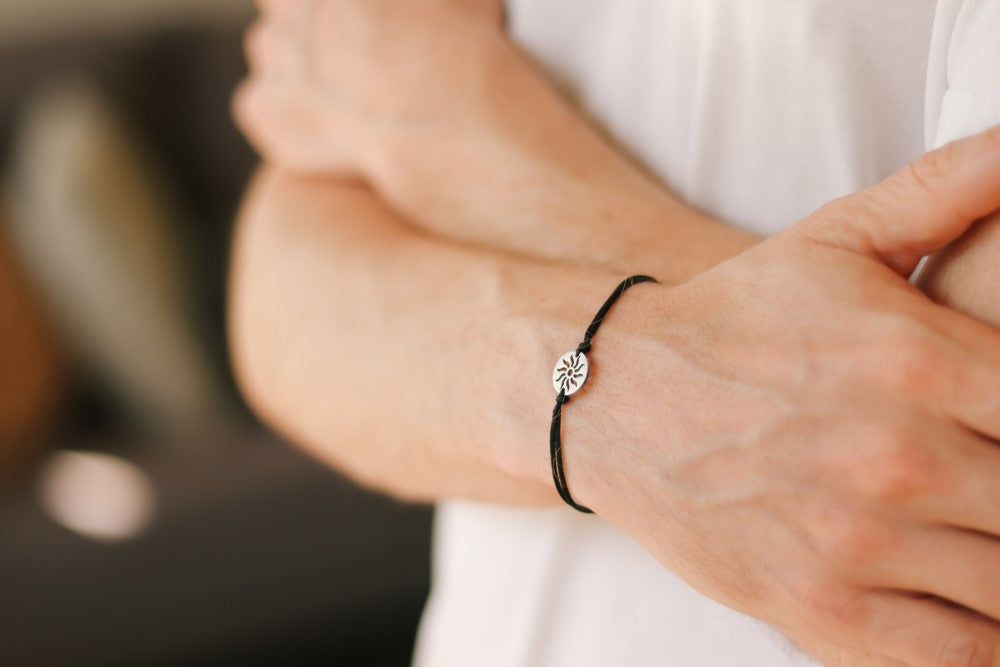 silver Sun bracelet for men black string