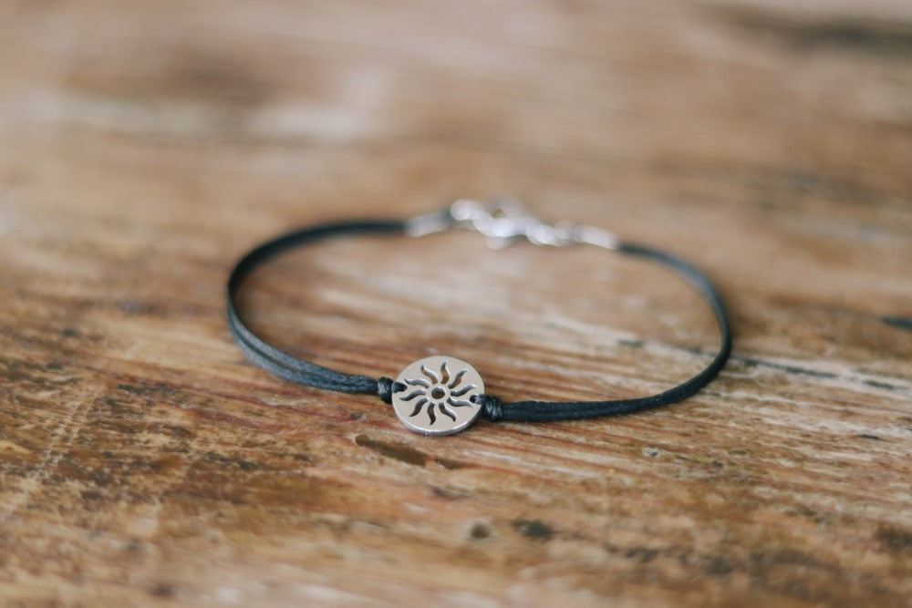 silver Sun bracelet for men black string