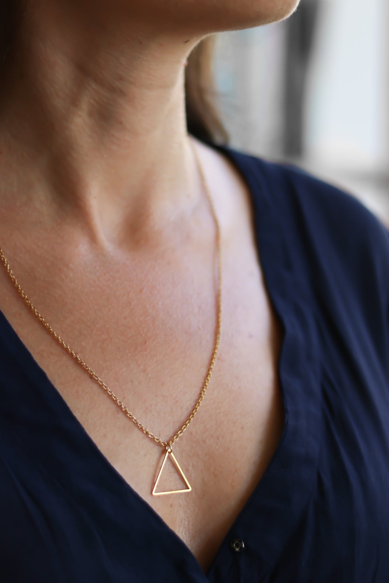 Gold tone triangle necklace for women, stainless steel chain necklace