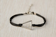Womens bracelet with silver triangle, Geometric bracelet, black cord - shani-adi-jewerly