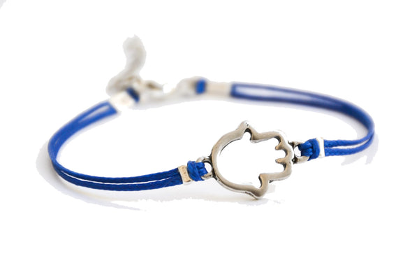 Blue cord bracelet with a silver hamsa charm - shani-adi-jewerly