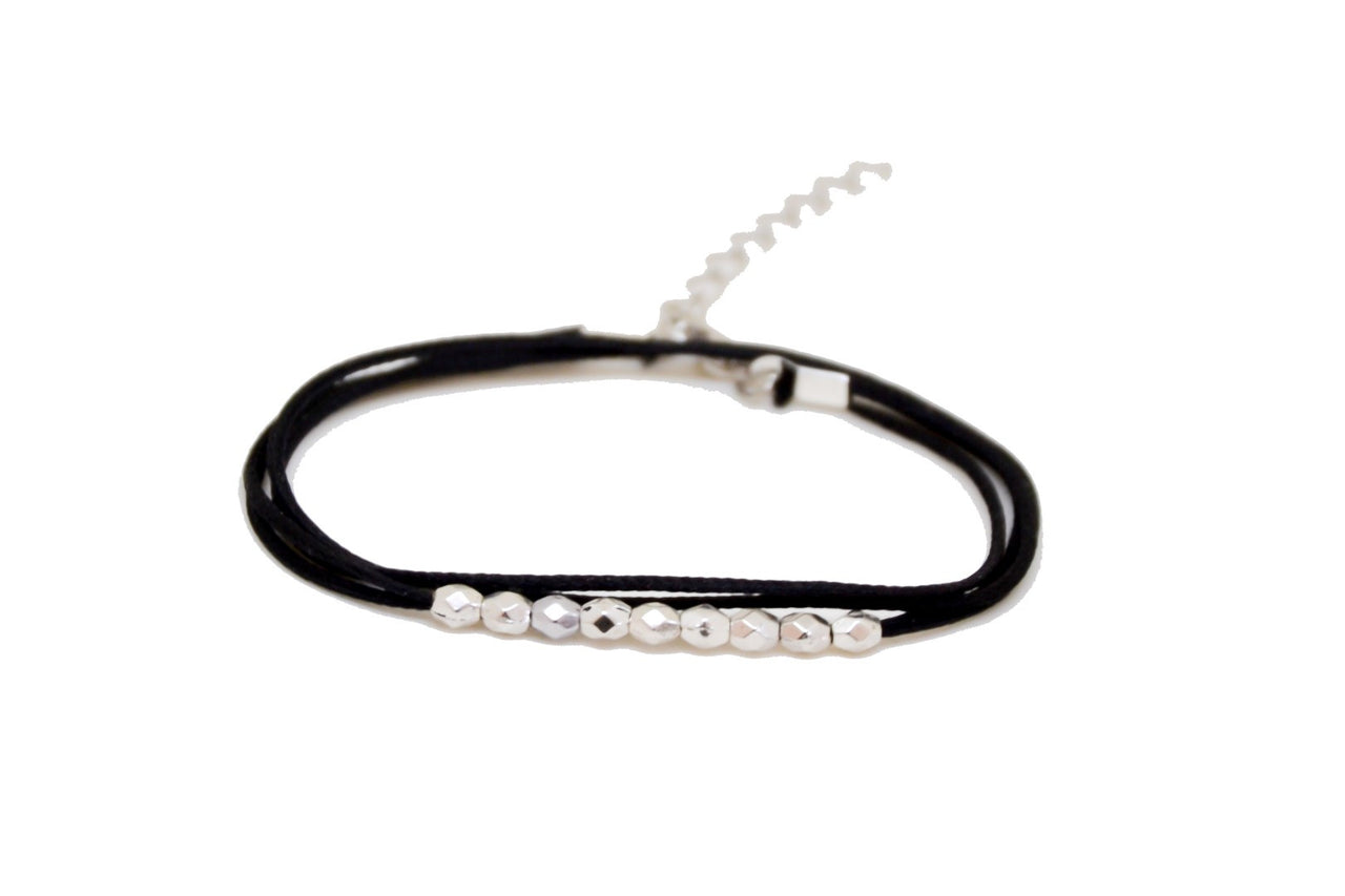 Wrap silver beads bracelet, black cord - shani-adi-jewerly
